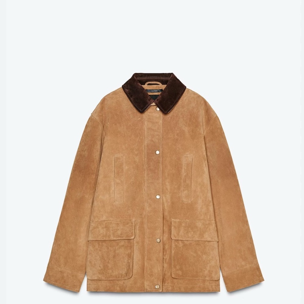 Zara Tan Suede Barn Jacket with Brown Collar, XL
